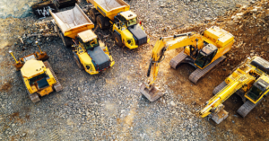 Construction equipment in a lot